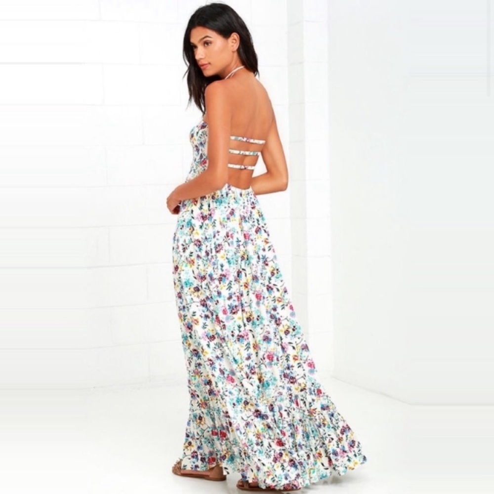 Lulus sunrise California cream smocked maxi gown.